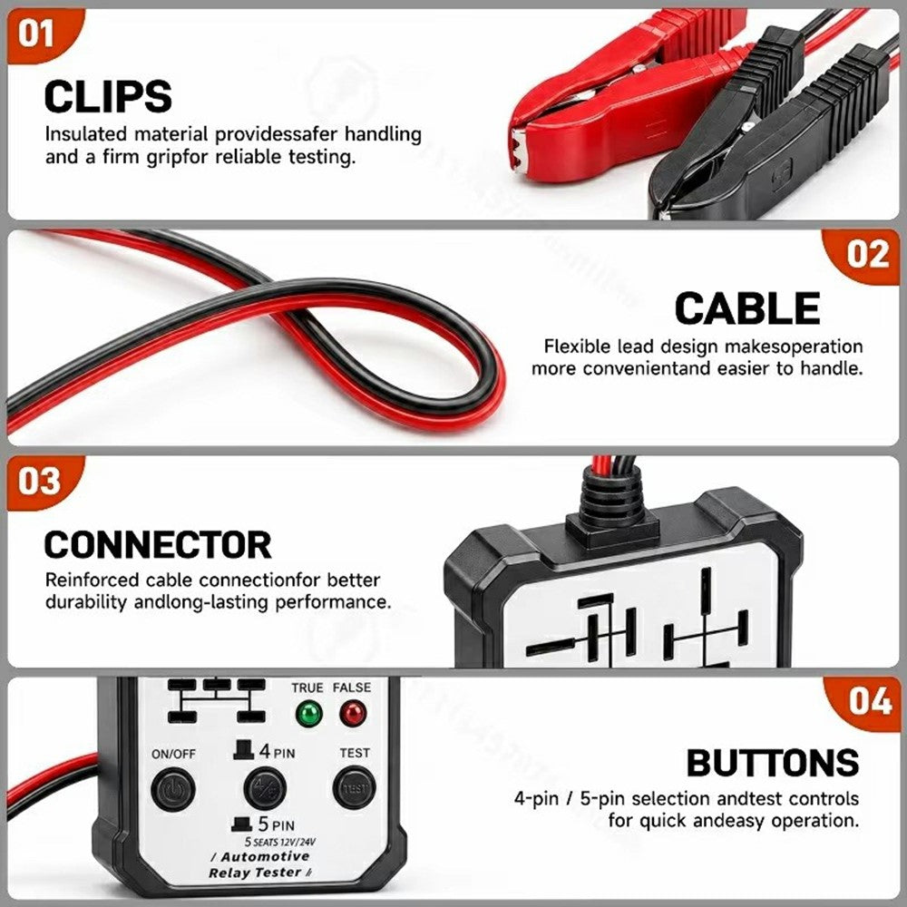 Automotive Relay Tester 12V / 24V Dual Voltage Diagnostic Tool 5-Position Multi-Function Relay Detector for Vehicle Repair