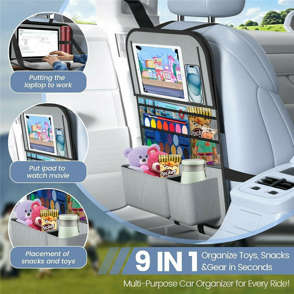 Car Back Seat Organizer with Foldable Tray 600D Oxford Fabric Waterproof Multi-Pocket Storage Bag for Car Travel