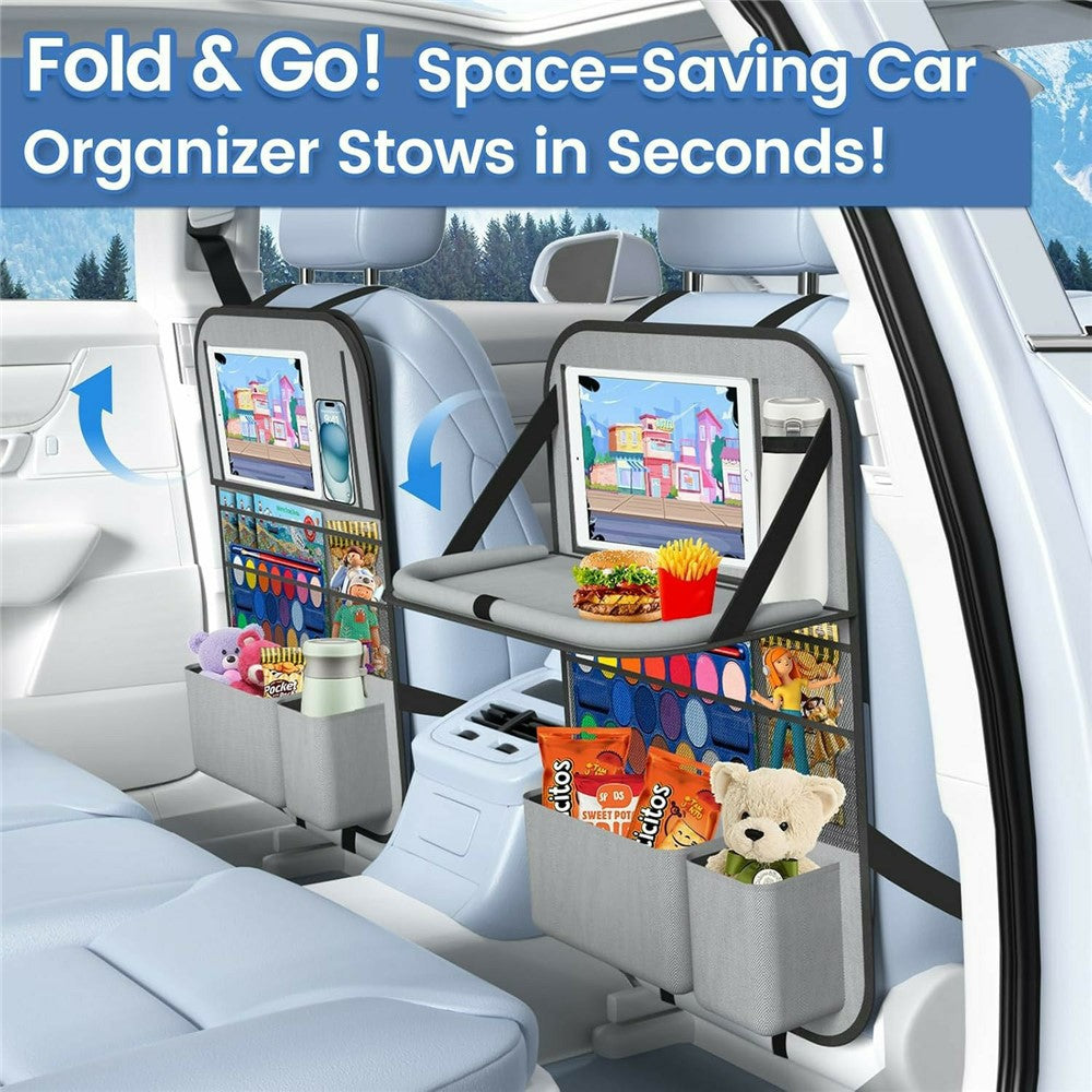 Car Back Seat Organizer with Foldable Tray 600D Oxford Fabric Waterproof Multi-Pocket Storage Bag for Car Travel