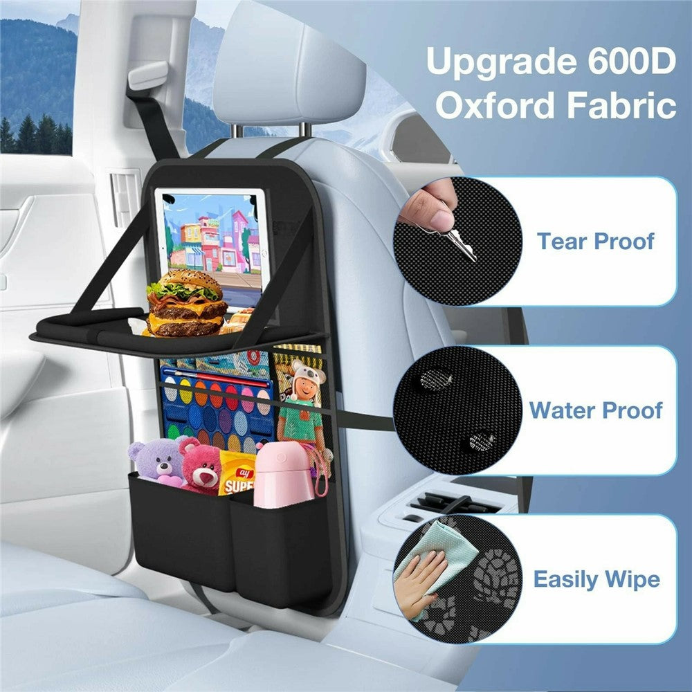 Car Back Seat Organizer with Foldable Tray 600D Oxford Fabric Waterproof Multi-Pocket Storage Bag for Car Travel