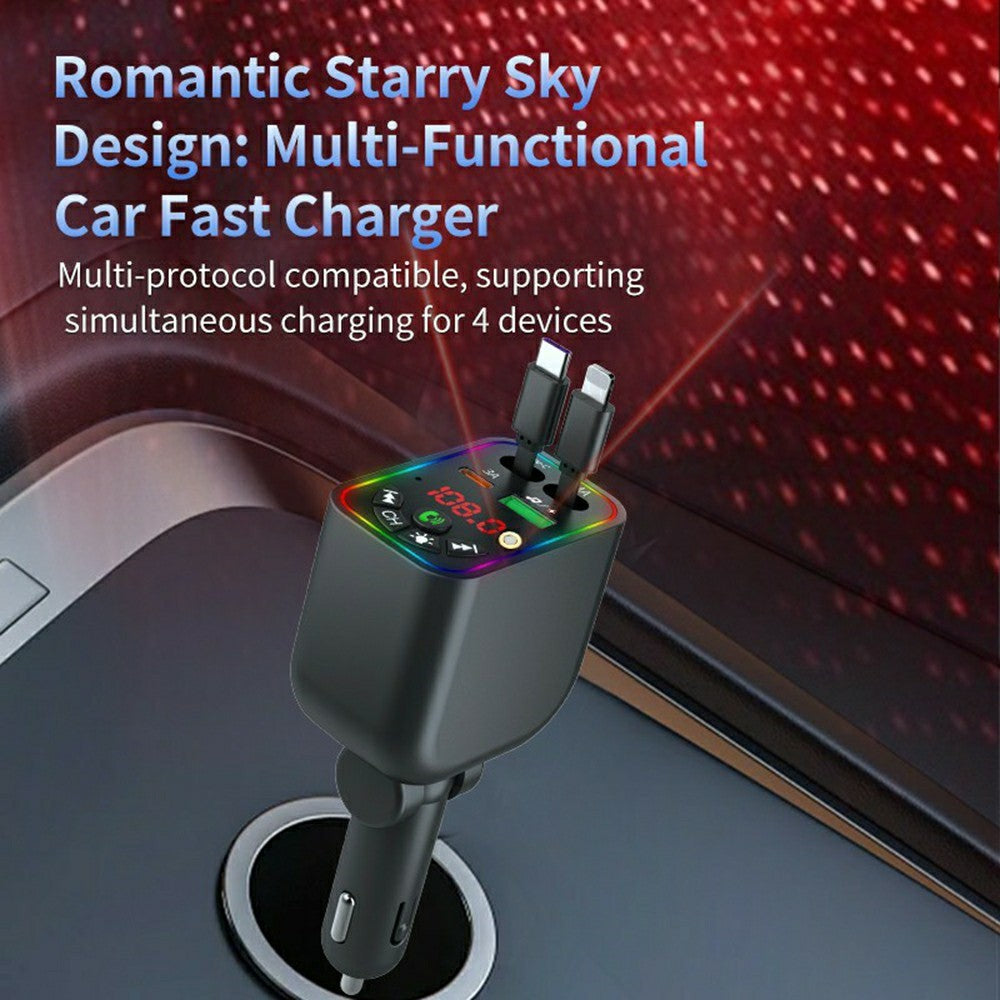 T5 Car Charger Bluetooth-compatible 5.3 MP3 Player 100W Fast Charging Built-in Retractable Cables Starry Sky LED Light