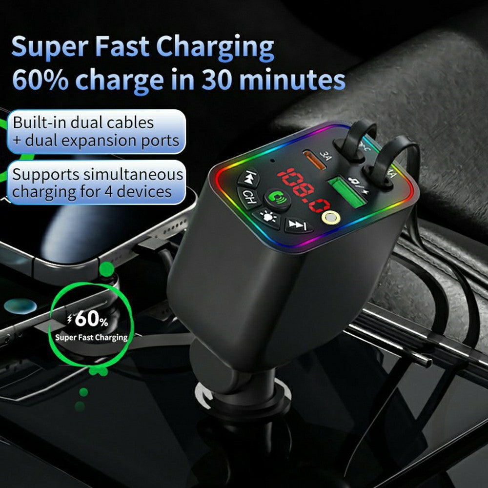 T5 Car Charger Bluetooth-compatible 5.3 MP3 Player 100W Fast Charging Built-in Retractable Cables Starry Sky LED Light