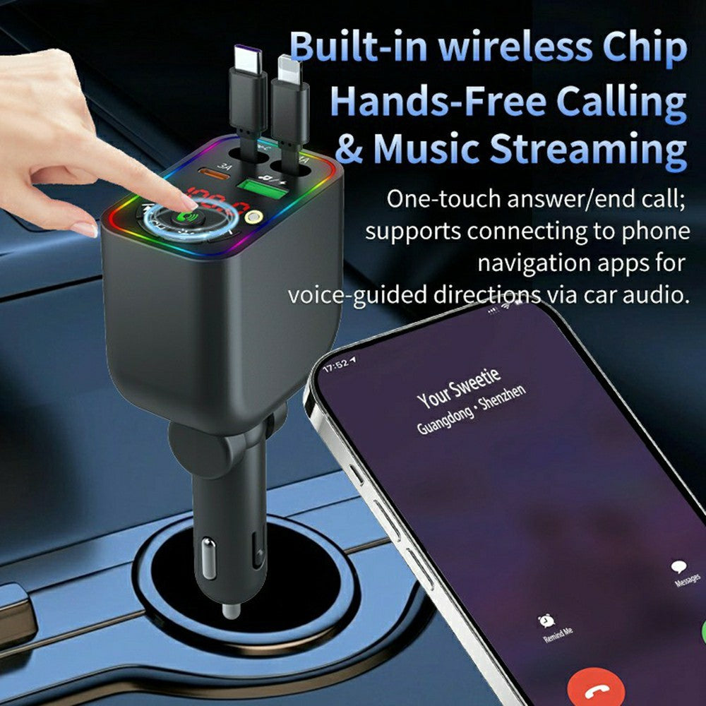 T5 Car Charger Bluetooth-compatible 5.3 MP3 Player 100W Fast Charging Built-in Retractable Cables Starry Sky LED Light