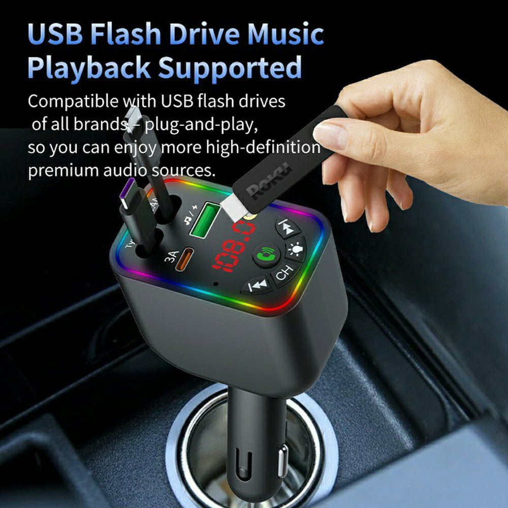 T5 Car Charger Bluetooth-compatible 5.3 MP3 Player 100W Fast Charging Built-in Retractable Cables Starry Sky LED Light
