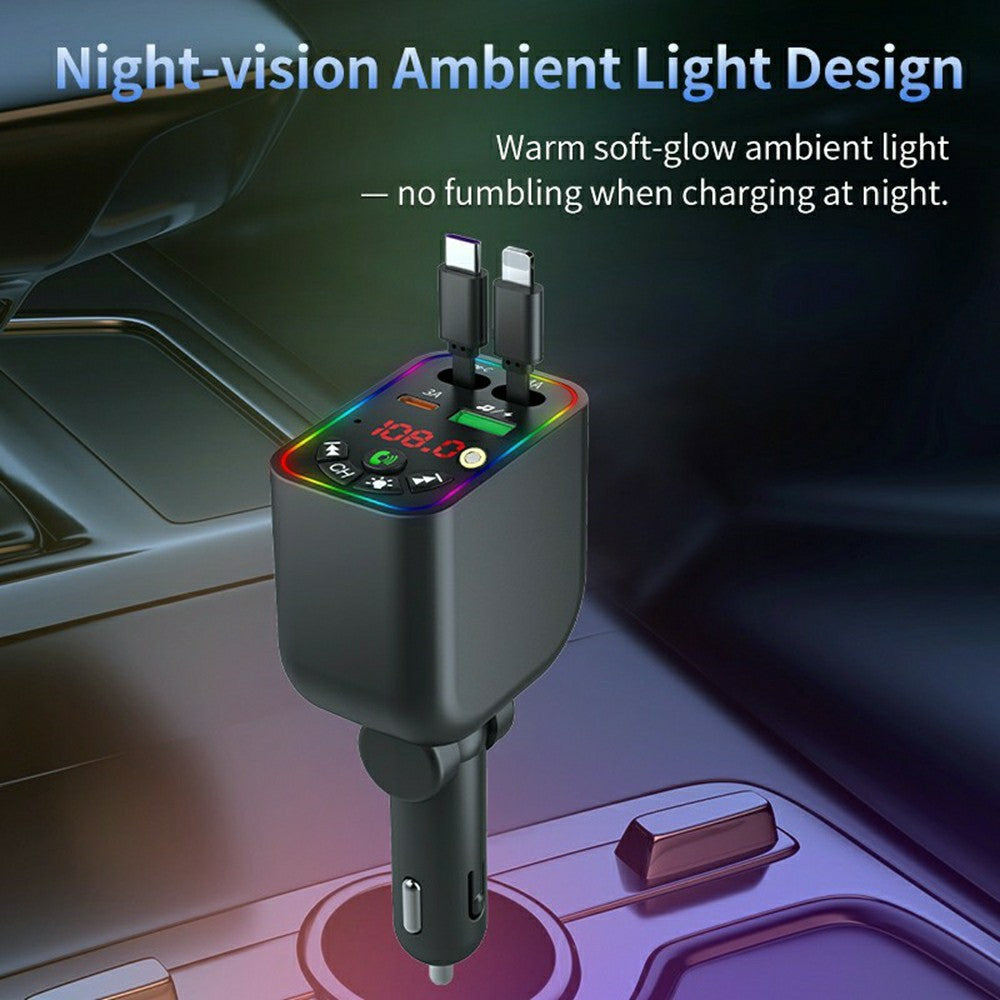T5 Car Charger Bluetooth-compatible 5.3 MP3 Player 100W Fast Charging Built-in Retractable Cables Starry Sky LED Light