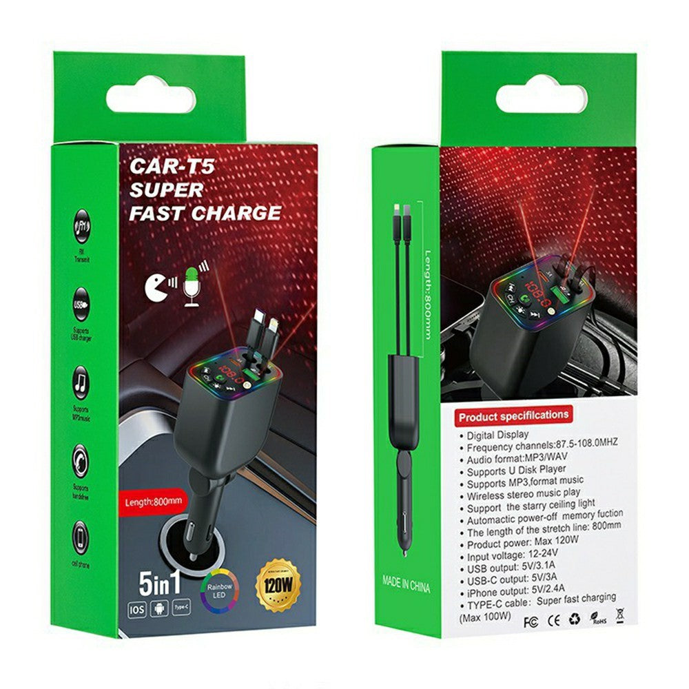T5 Car Charger Bluetooth-compatible 5.3 MP3 Player 100W Fast Charging Built-in Retractable Cables Starry Sky LED Light