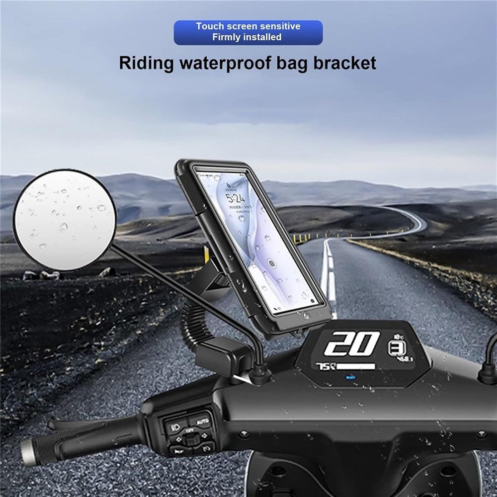 6.8 inch Waterproof Motorcycle Phone Holder PC Touch Screen Case 360 Degree Rotating Rearview Mirror Mount