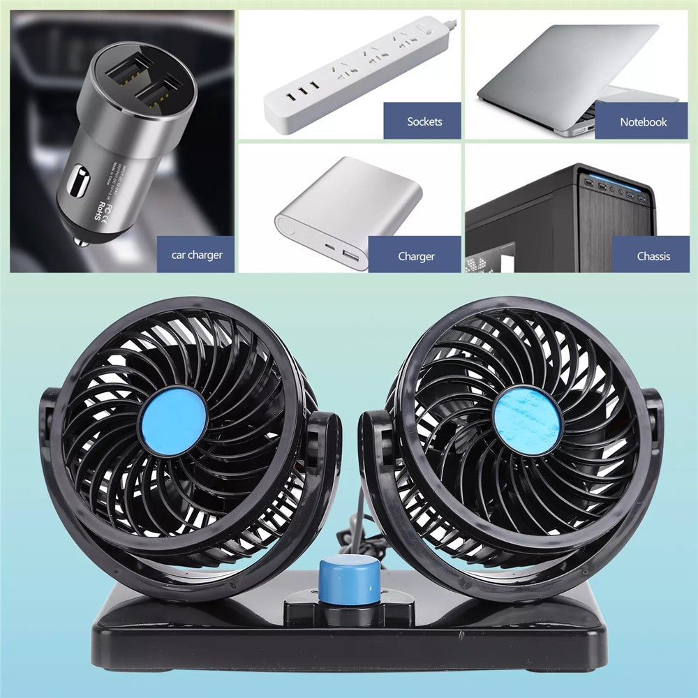 Car Dashboard Cooling Fan USB Electric Dual-Head Cooling Air Circulator Strong Wind 360-Degree Rotatable Cooler