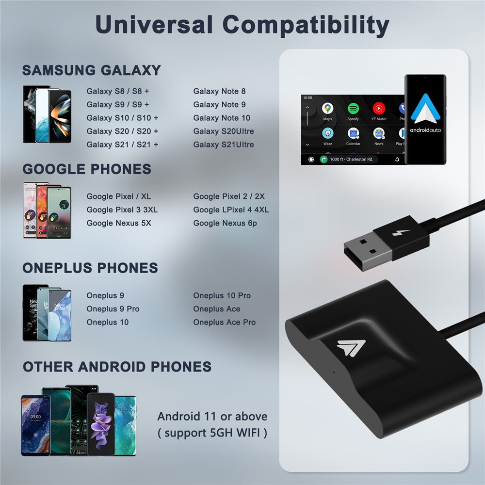 THT-020-3+ Wireless Android Auto Adapter Plug and Play Wired to Wireless Android Auto Dongle Compatible with Android 6.0+