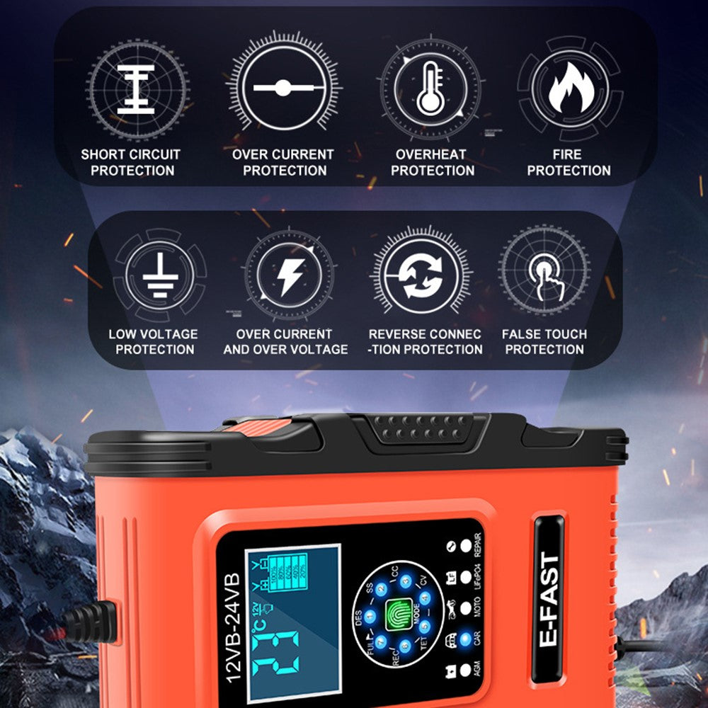 E-FAST TK500 12V / 24V 7-trins intelligent batterioplader til bil og lastbil, oplader til genoprettelse af blybatterier