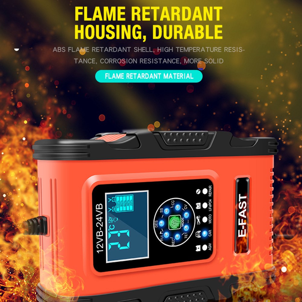 E-FAST TK500 12V / 24V 7-trins intelligent batterioplader til bil og lastbil, oplader til genoprettelse af blybatterier