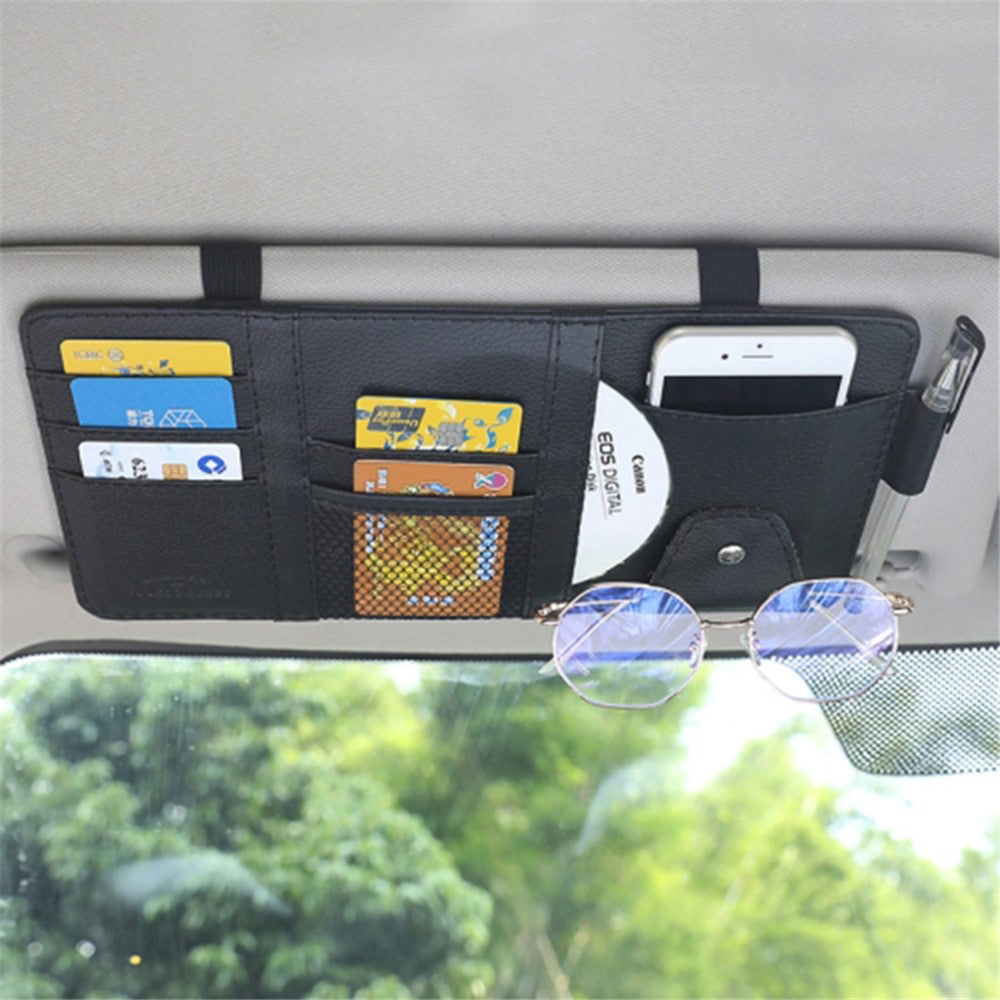 Car Sun Visor Decorative Storage Bag PU Leather Bill Glasses Cards CD Holder Storage Bag (No Zipper)