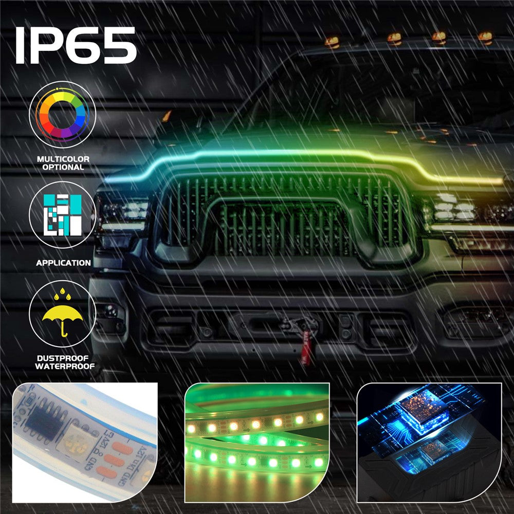 G15 1,5 m LED-lampor för bil, exteriör, RGB-ljusremsa för motorhuv, vattentät strålkastare, dynamisk RGB-ljusremsa för exteriör bil