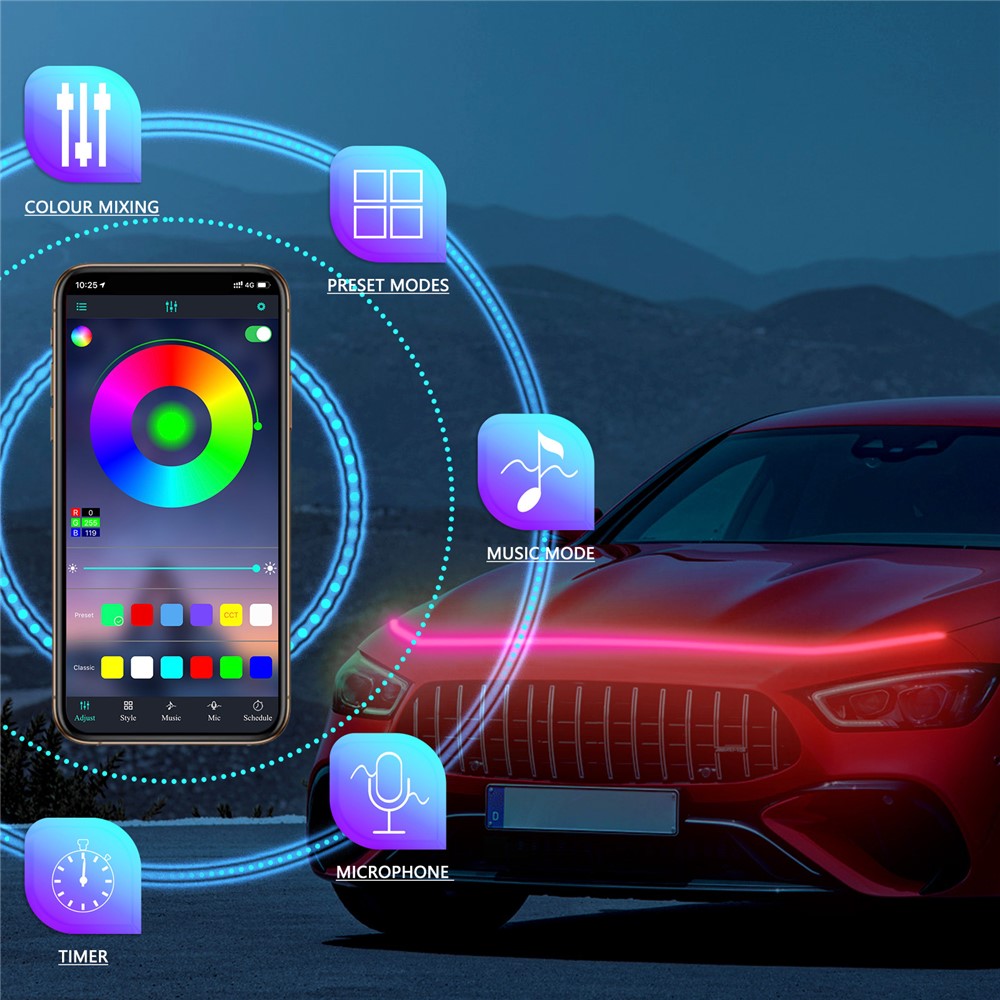 G15 1,5 m LED-lampor för bil, exteriör, RGB-ljusremsa för motorhuv, vattentät strålkastare, dynamisk RGB-ljusremsa för exteriör bil