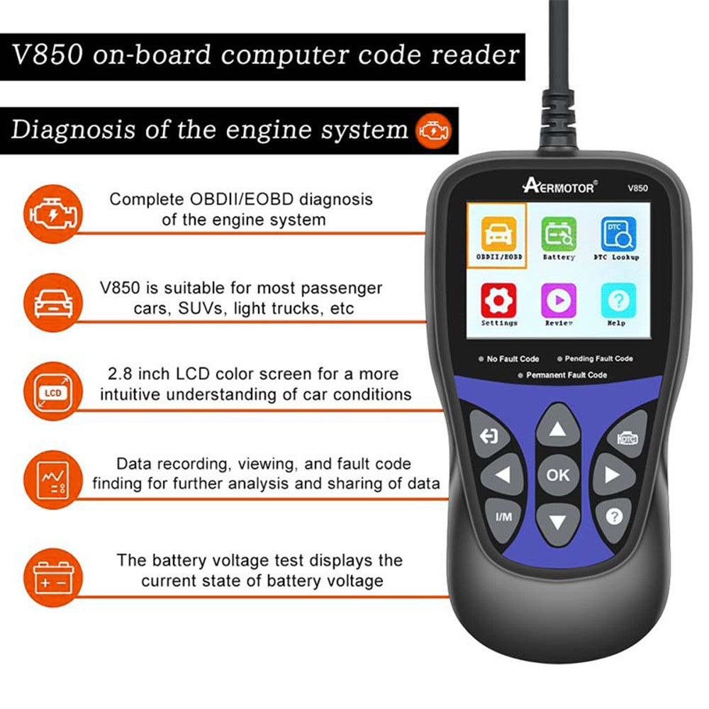 AERMOTOR V850 Car Diagnostic Scanner OBD2 Engine Check Automotive Code Reader