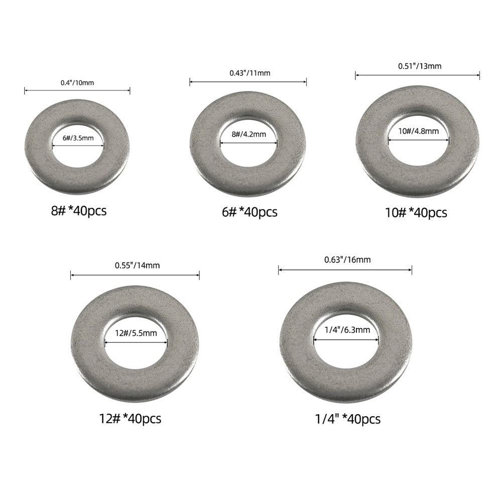 A7748 200Pcs Assorted #12 #10 #8 #6 1/4" 304 Stainless Steel Flat Washers