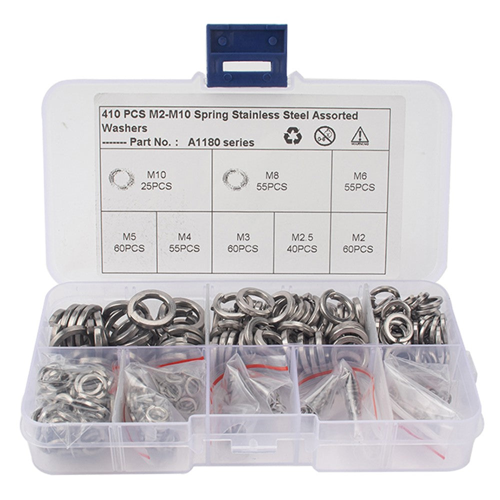 A1180 410Pcs M2-M10 Stainless Steel Assorted Spring Washers with Plastic Box