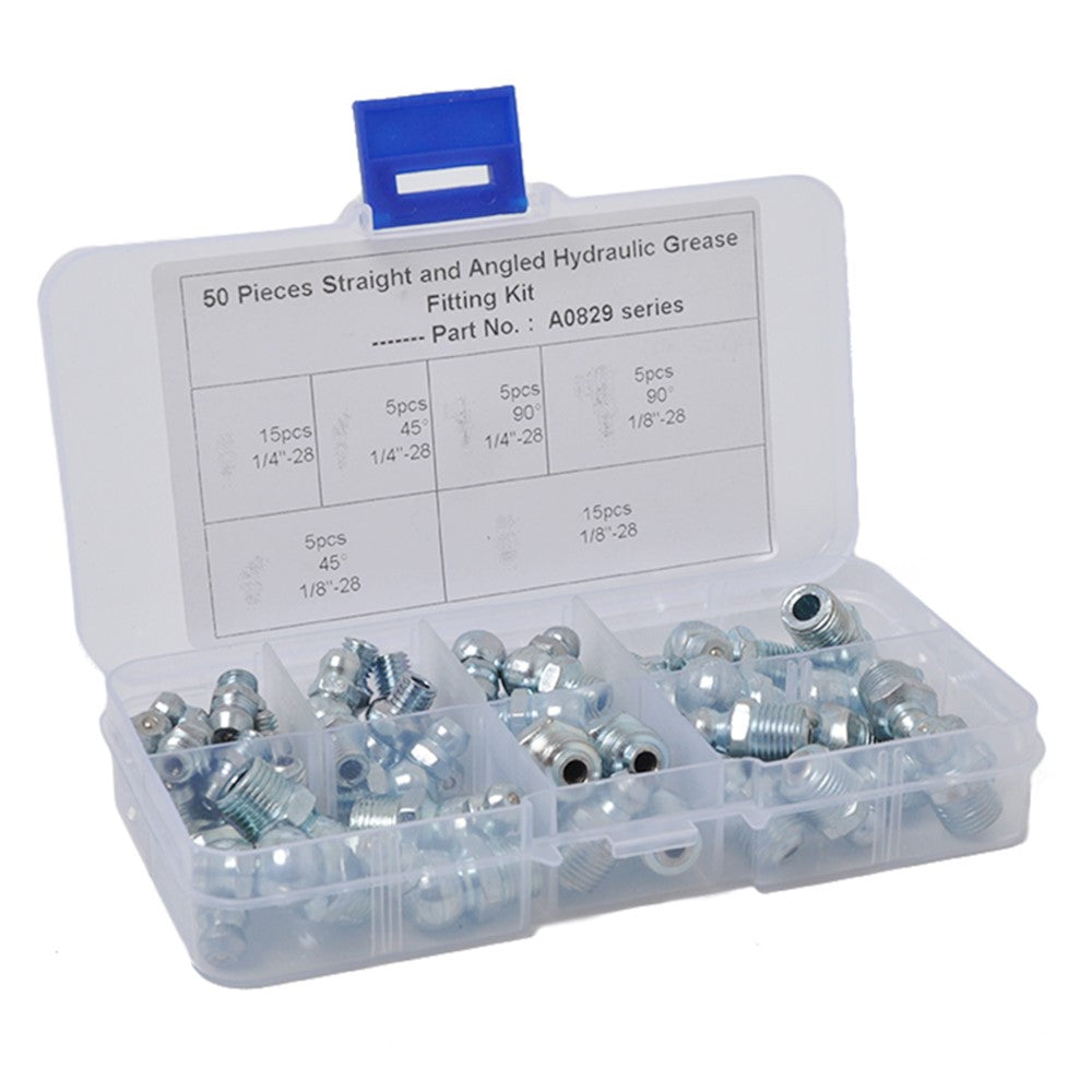 A0829 50Pcs Straight and Angled Hydraulic Grease Fitting Assortment Kit