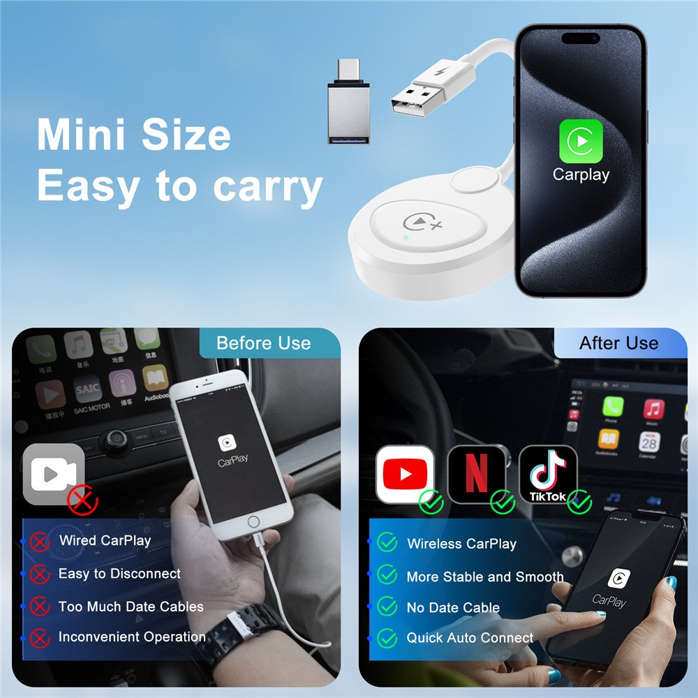 020-6+ Wireless CarPlay Adapter Convert Wired to Wireless Carplay Dongle Support YouTube / Netflix / TikTok