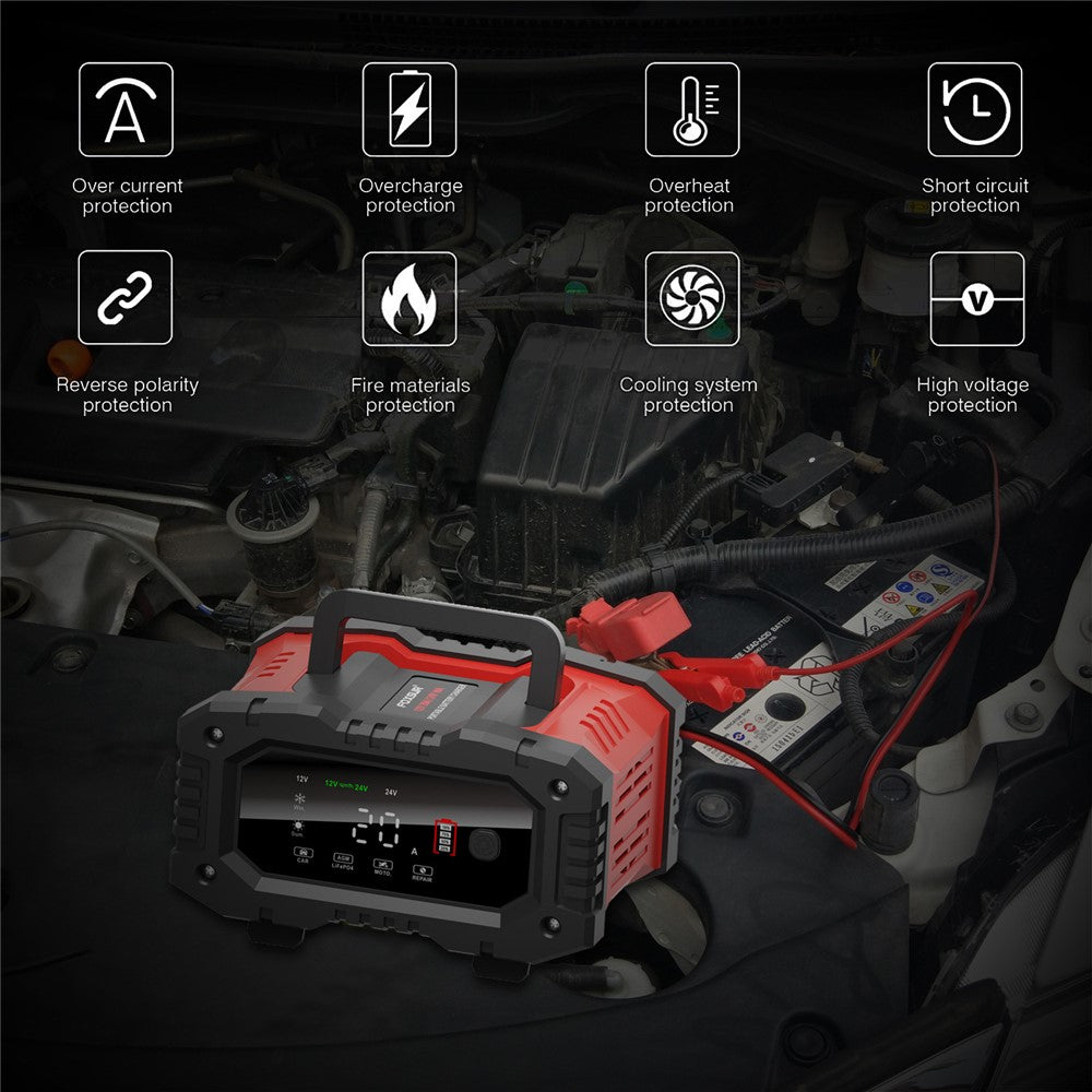 FOXSUR FPT-200 Stor Skærm Bærbar Batterioplader til 12V-24V Motorcykel Bil