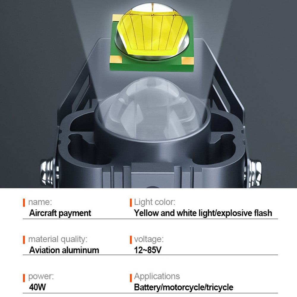 12-85V Motorcykel Elcykel Gul+Vit LED Ljus Vattentät Superstark Spotlight