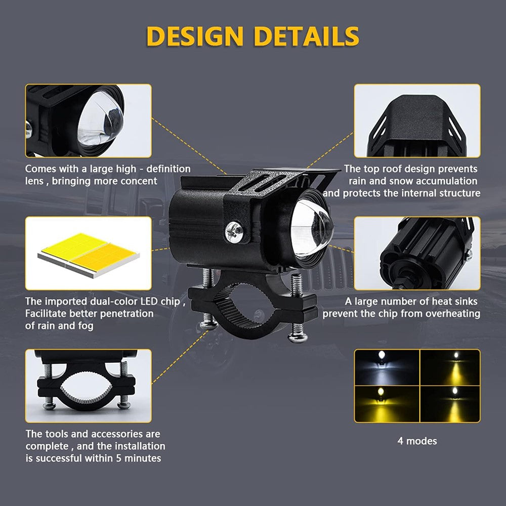 12-85V Motorcykel Elcykel Gul+Vit LED Ljus Vattentät Superstark Spotlight