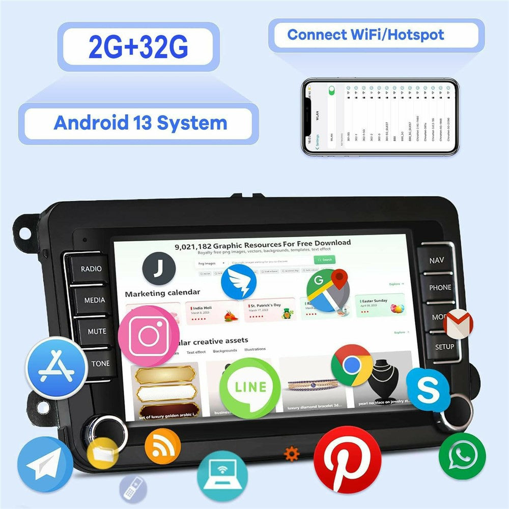 7-tommers Android 13-bilstereo til Volkswagen Jetta / Beetle / Tigen / Passat / Golf / Polo / Mainz / Turan / Bora / Yada / Skoda Octavia / SEAT Altay 2 GB + 32 GB trådløs CarPlay-pegeskærm-bilradio