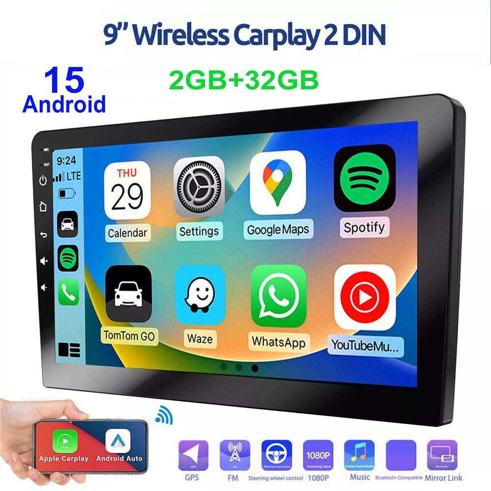 R911C 2+32GB 9 tommer Android 15 Trådløs CarPlay Android Auto GPS navigationsskærm med 12-LED bakkamera