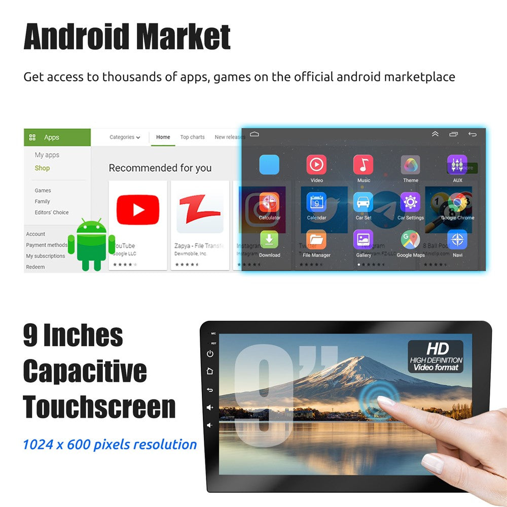R911C 2+32GB 9 tommer Android 15 Trådløs CarPlay Android Auto GPS navigationsskærm med 12-LED bakkamera