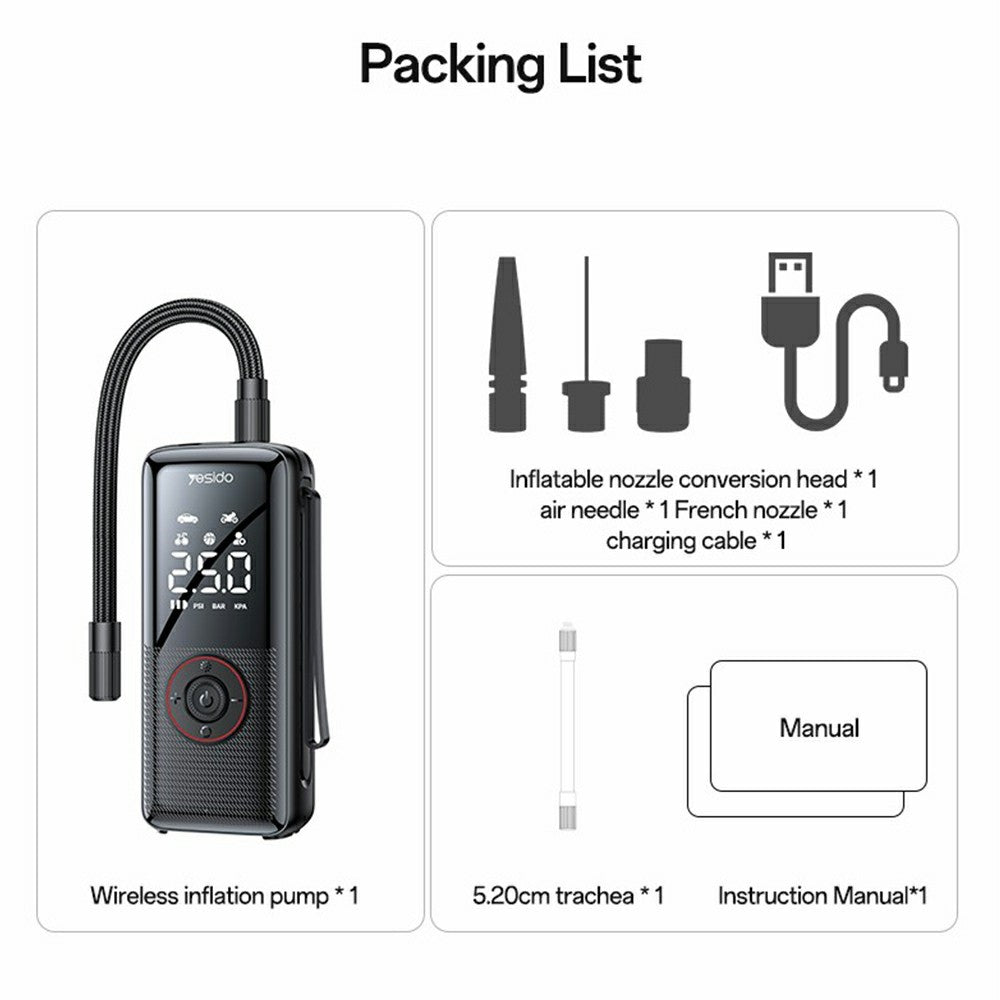 YESIDO VC17 Multi-function Wireless Tire Inflator for Car / Bicycle / Basketball Portable Air Compressor with LED Display