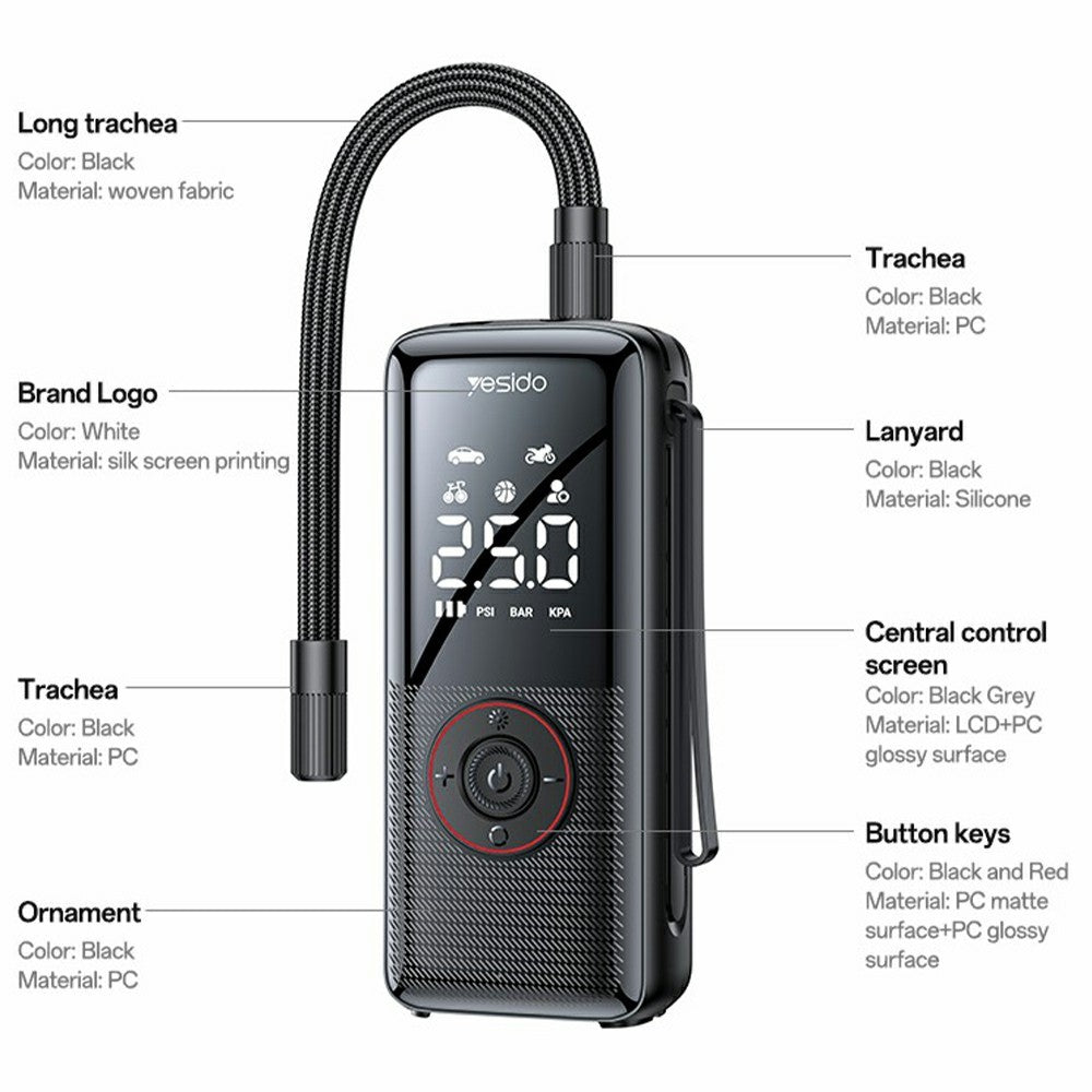 YESIDO VC17 Multi-function Wireless Tire Inflator for Car / Bicycle / Basketball Portable Air Compressor with LED Display