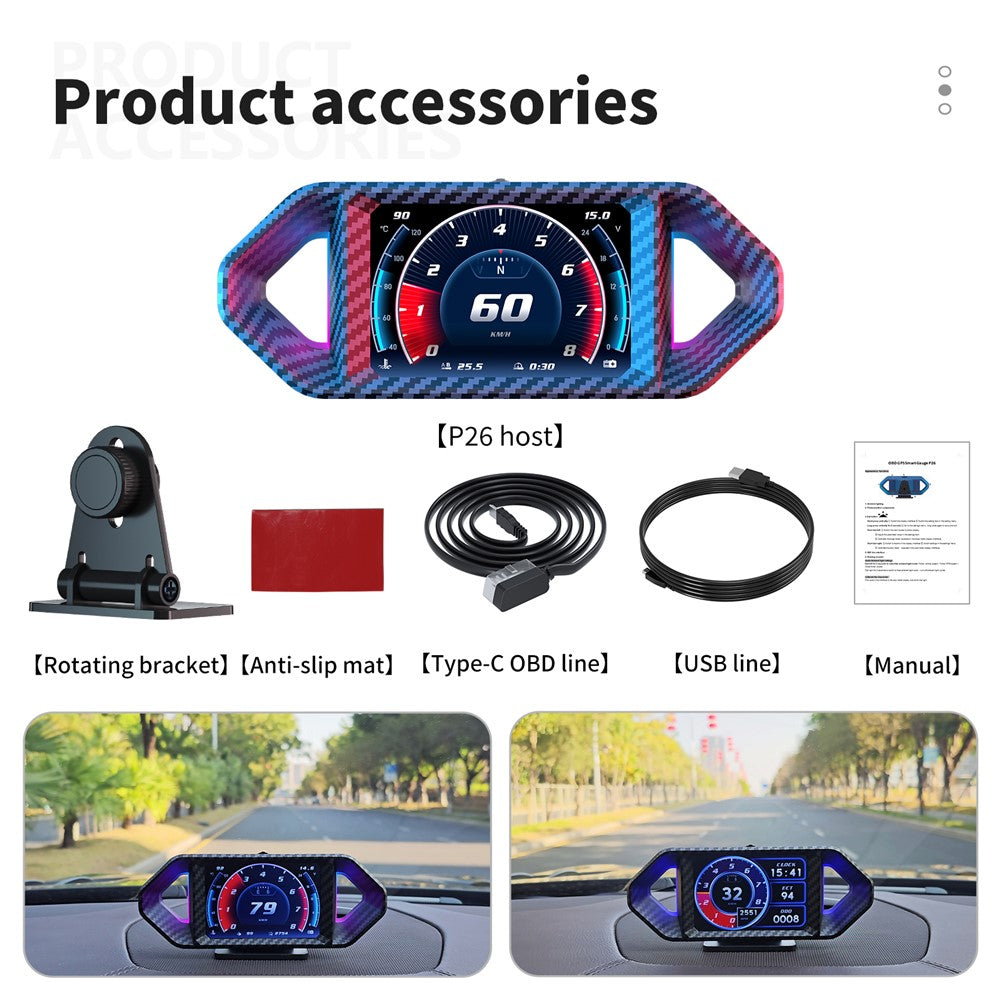 P26 Car HUD OBD GPS Head-Up Display LCD Speedometer with RPM Fuel Consumption and Slope Meter