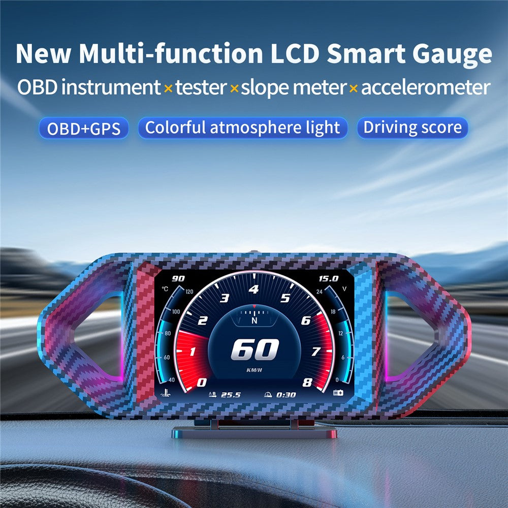 P26 Car HUD OBD GPS Head-Up Display LCD Speedometer with RPM Fuel Consumption and Slope Meter