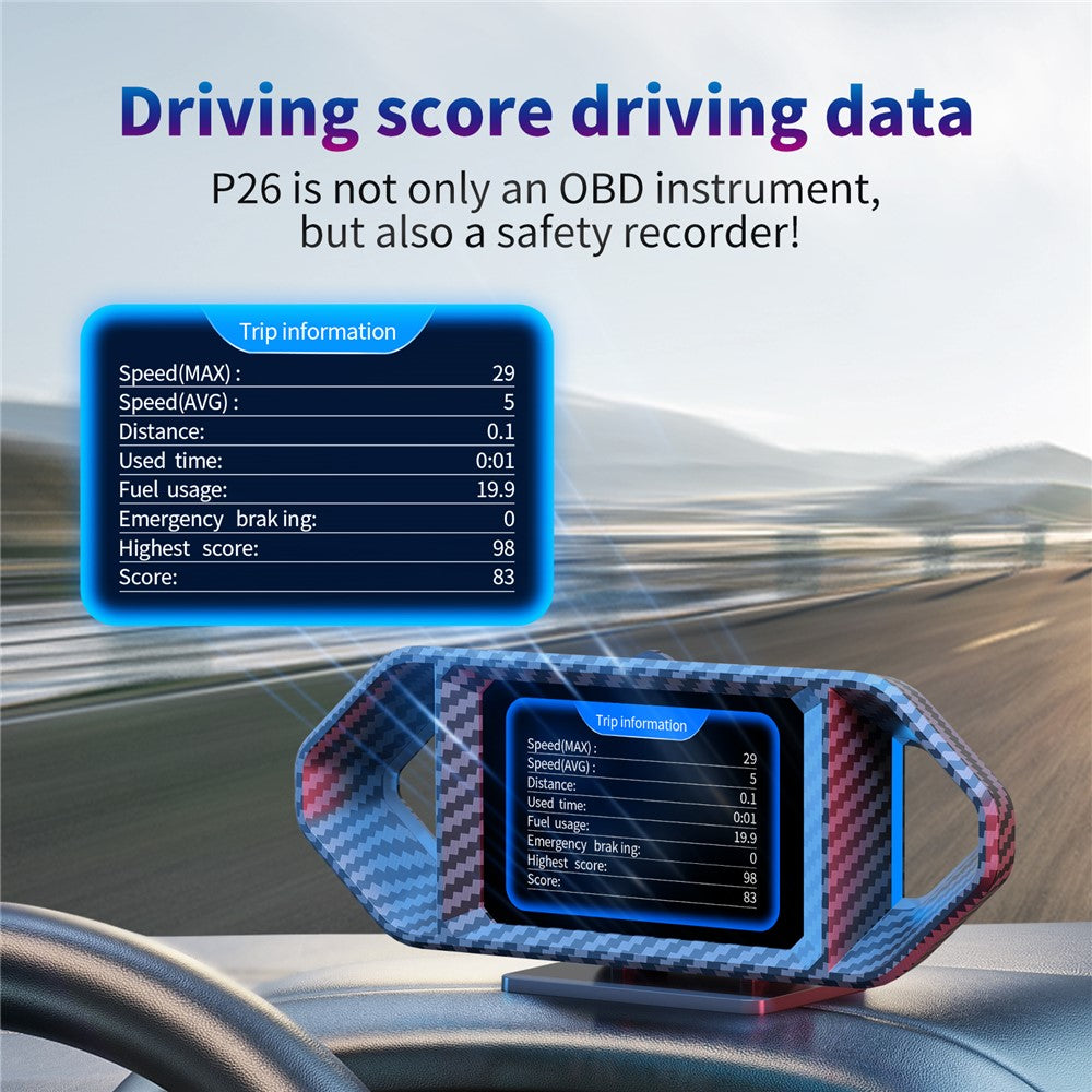 P26 Car HUD OBD GPS Head-Up Display LCD Speedometer with RPM Fuel Consumption and Slope Meter
