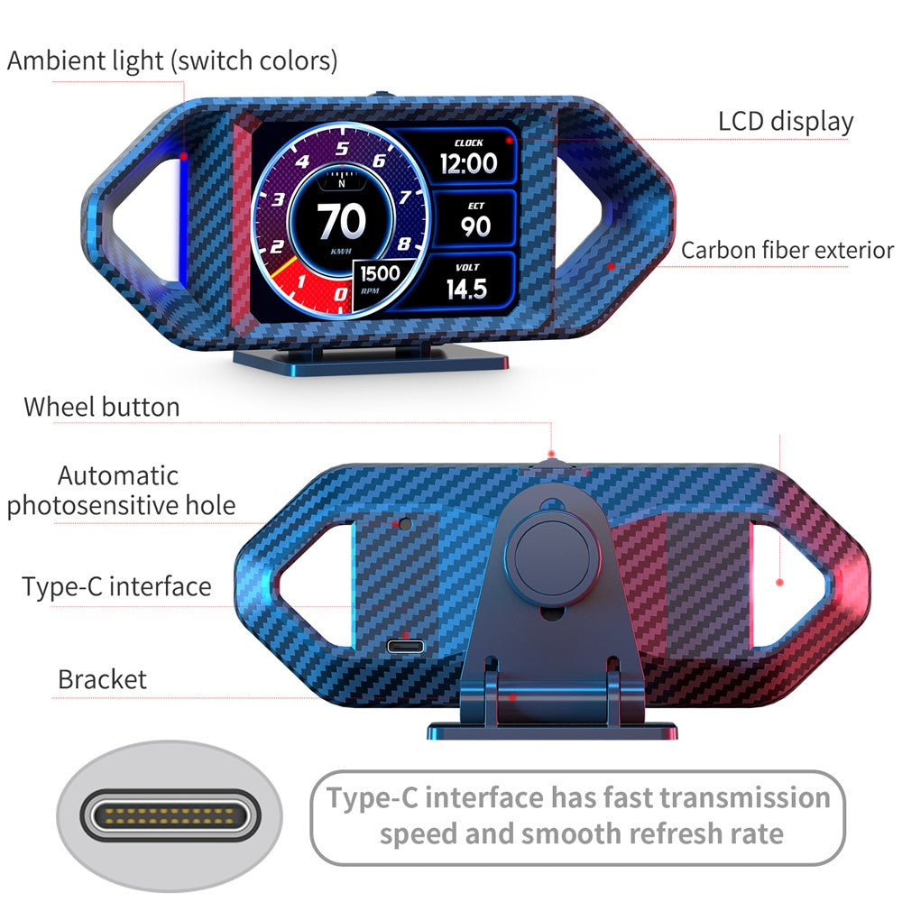 P26 Car HUD OBD GPS Head-Up Display LCD Speedometer with RPM Fuel Consumption and Slope Meter