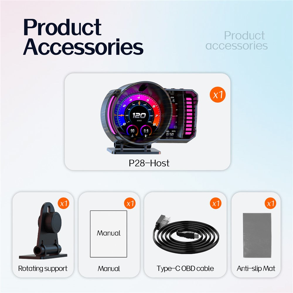 P28 3,5 tommer LCD OBD2+GPS dobbelt system bil HUD Head-Up Display med RGB-stemningslys