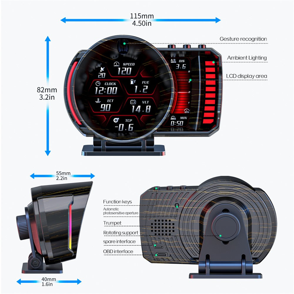 P28 3,5 tommer LCD OBD2+GPS dobbelt system bil HUD Head-Up Display med RGB-stemningslys