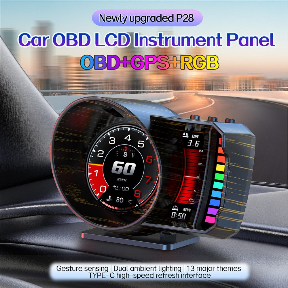 P28 3,5 tommer LCD OBD2+GPS dobbelt system bil HUD Head-Up Display med RGB-stemningslys