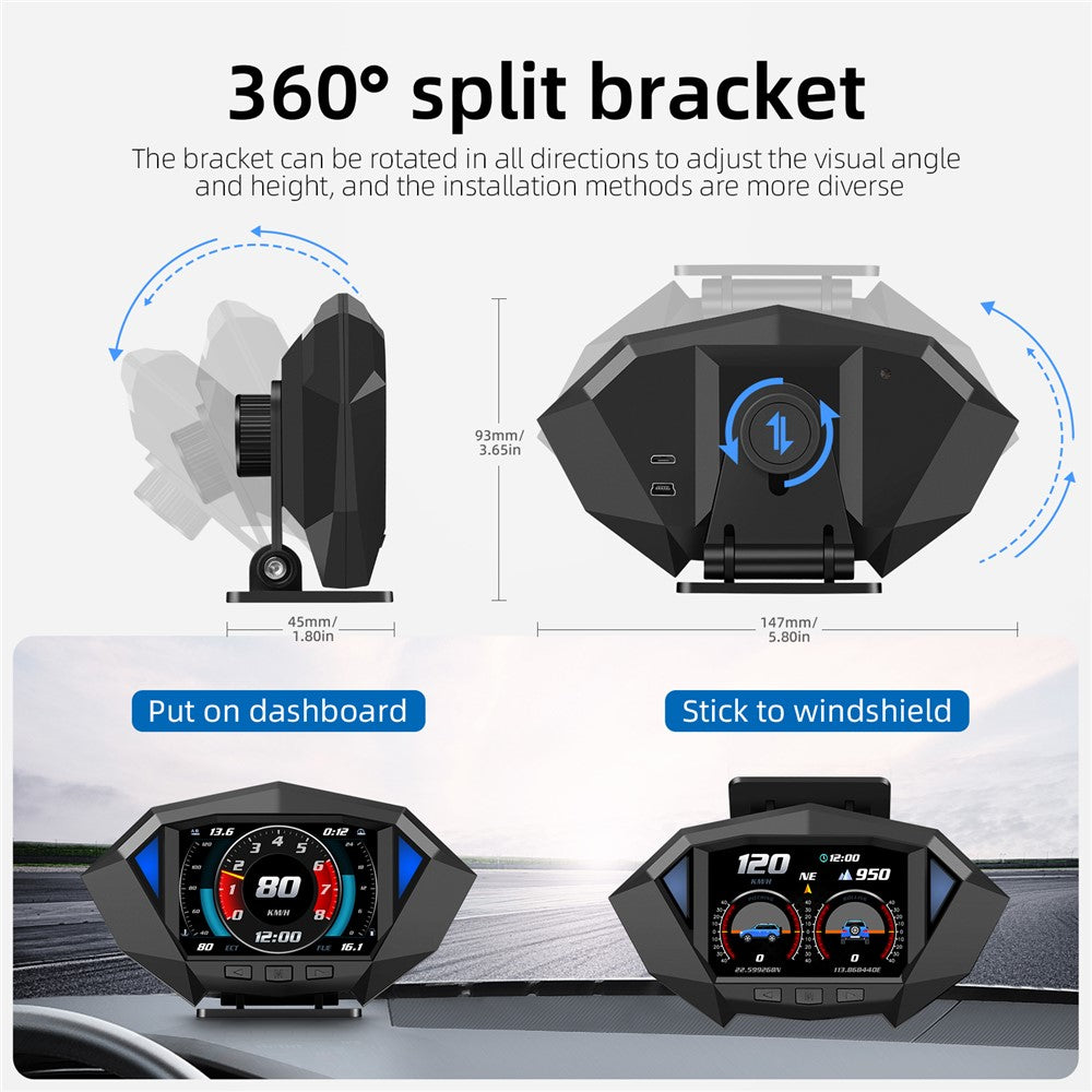 P1 3.5 inch LCD Car HUD Head Up Display Speed Detector Slope Meter Plastic OBD2+GPS Smart Driving Computer