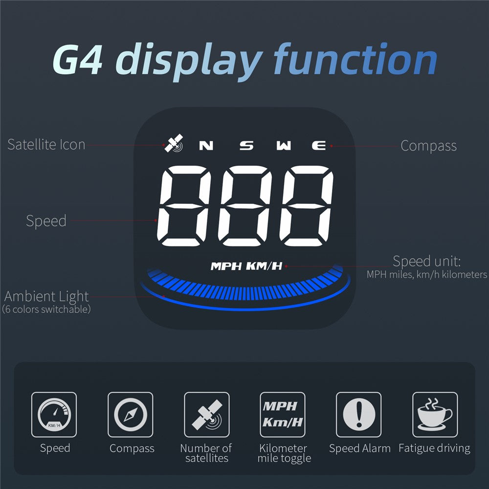 G4 Bil HUD Digitalt Speedometer Overhastighed Træthedskørsel Alarm GPS Kompas Head-up Display
