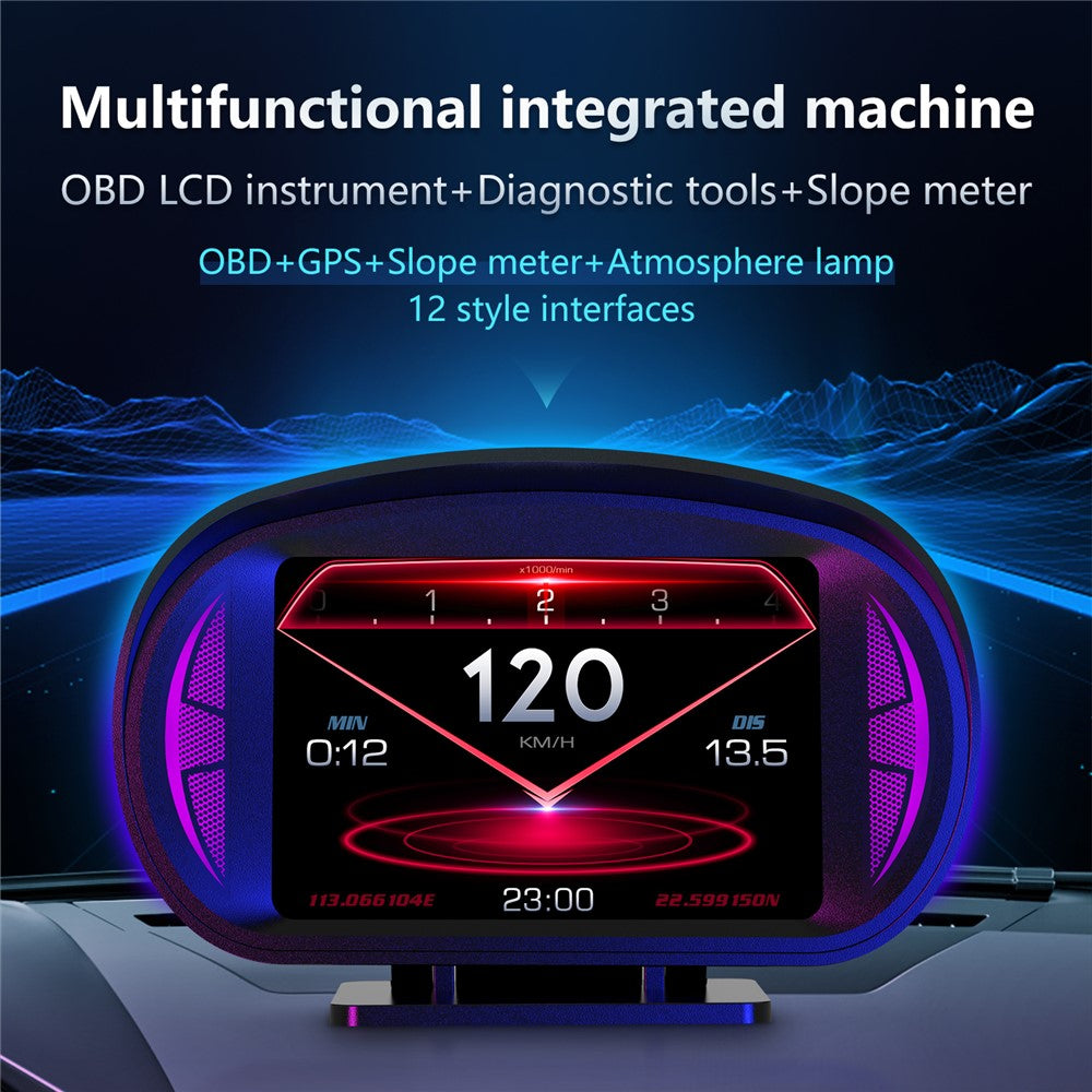 P2 OBD LCD-display smart køreenhed + diagnoseværktøjer + hældningsmåler til biler/køretøjer