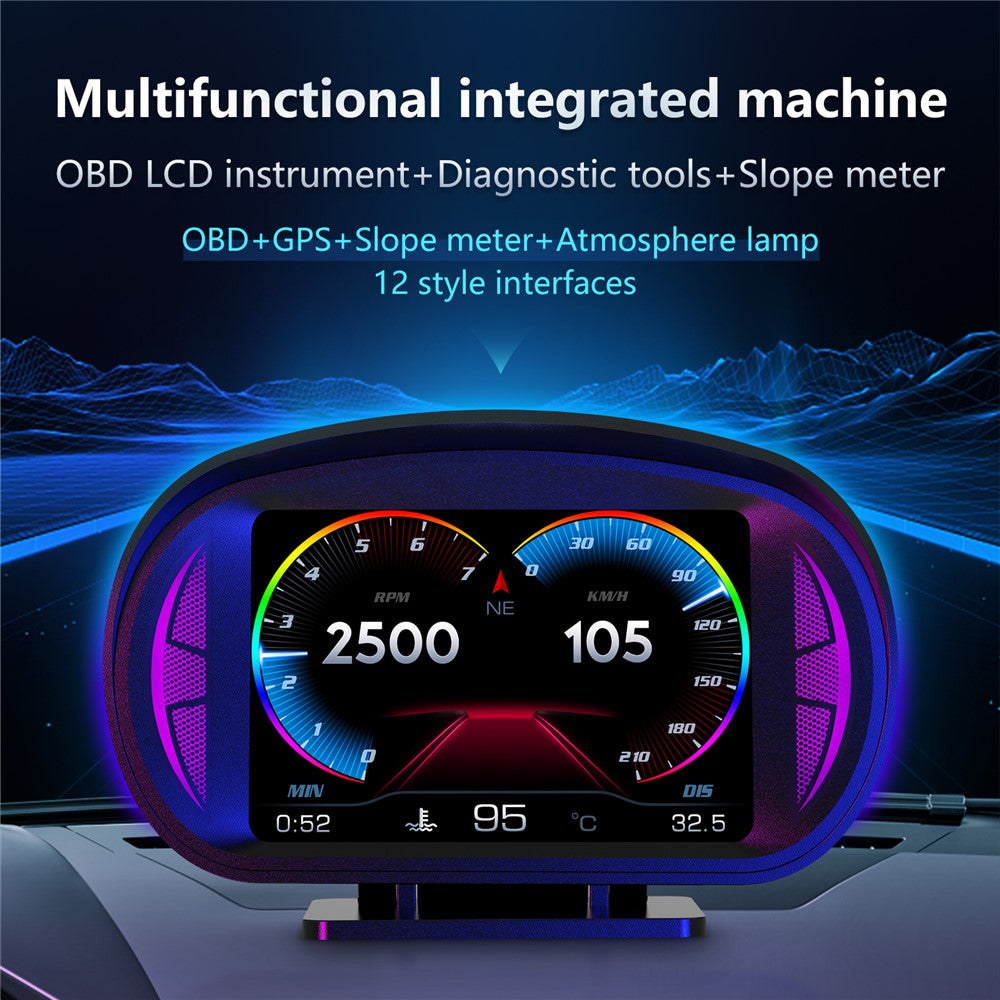 P2 OBD LCD-display smart køreenhed + diagnoseværktøjer + hældningsmåler til biler/køretøjer
