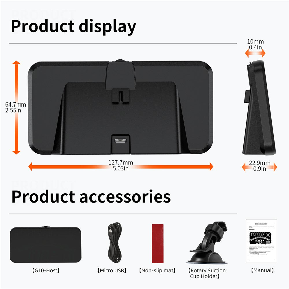 G10 GPS Head-Up Display 16:9 Large Screen HUD with 2 Alarm Function Support 360° Rotating