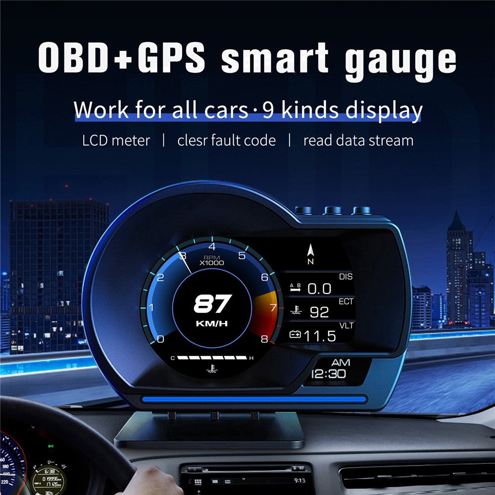 P6 Car HUD Head-Up Display OBD2+GPS Smart Gauge with Over Speed, RPM Alarm