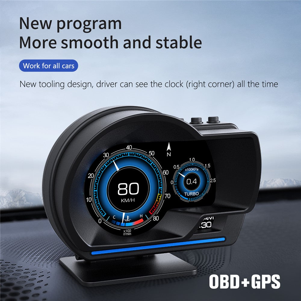 P6 Car HUD Head-Up Display OBD2+GPS Smart Gauge with Over Speed, RPM Alarm