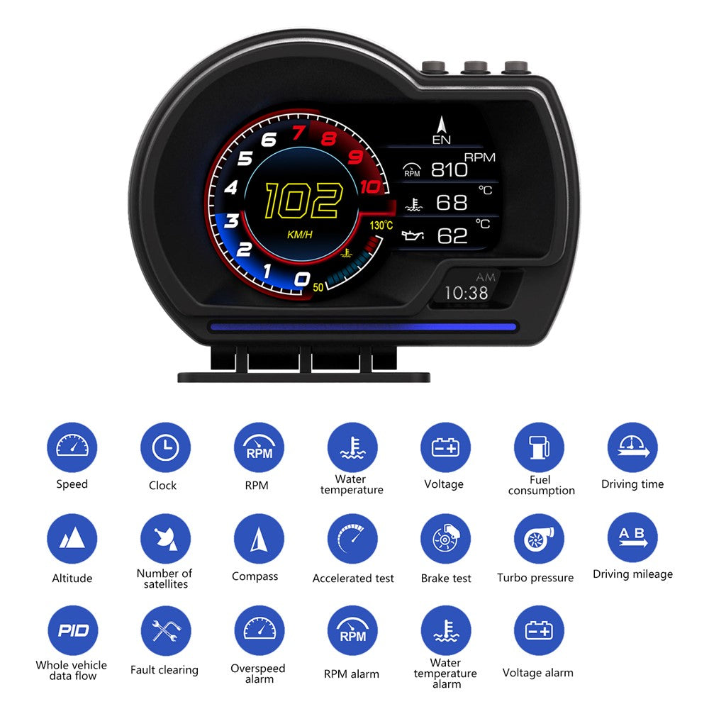 P6 Car HUD Head-Up Display OBD2+GPS Smart Gauge with Over Speed, RPM Alarm