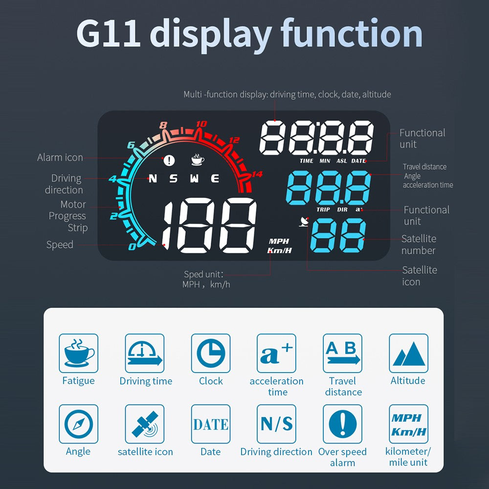 G11 Universal GPS HUD Head-up Display Hastighetsinstrument med överhastighetslarm för oljedrivna elektriska hybridfordon