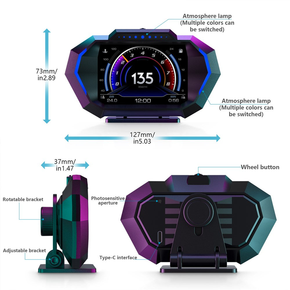 P24 Head-Up Display til bil OBD + GPS HUD Indbygget computer Digitalt speedometer med omgivende lys