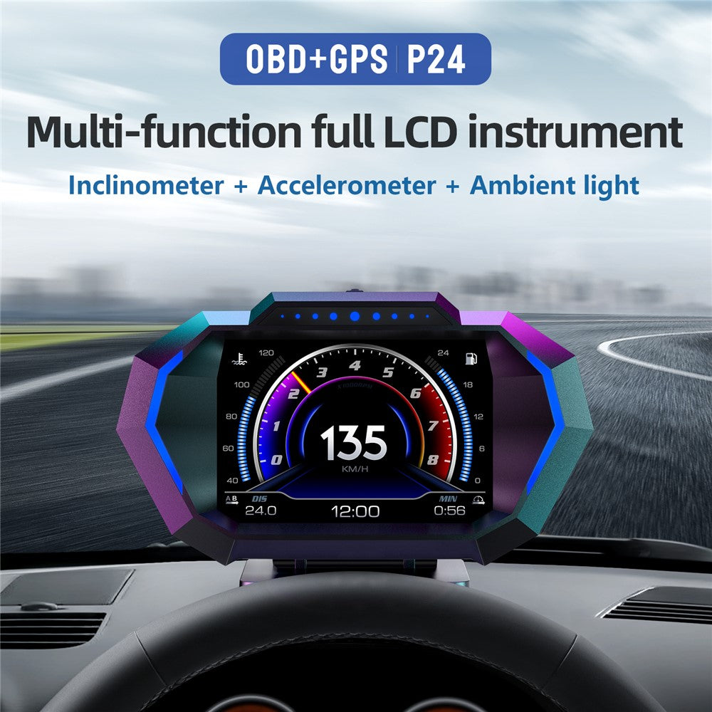 P24 Head-Up Display til bil OBD + GPS HUD Indbygget computer Digitalt speedometer med omgivende lys