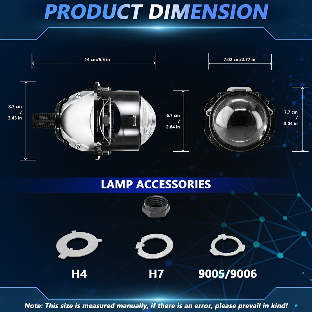 T02 1Pc 2.5 Inch Bi-LED Projector Lens 6000K White Light High Low Beam Anti-Glare Car Headlight